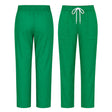 Uk Scrub Supply Green scrub pants shown from the front and back, featuring an elastic waistband, white drawstring, and side pockets on a plain white background.