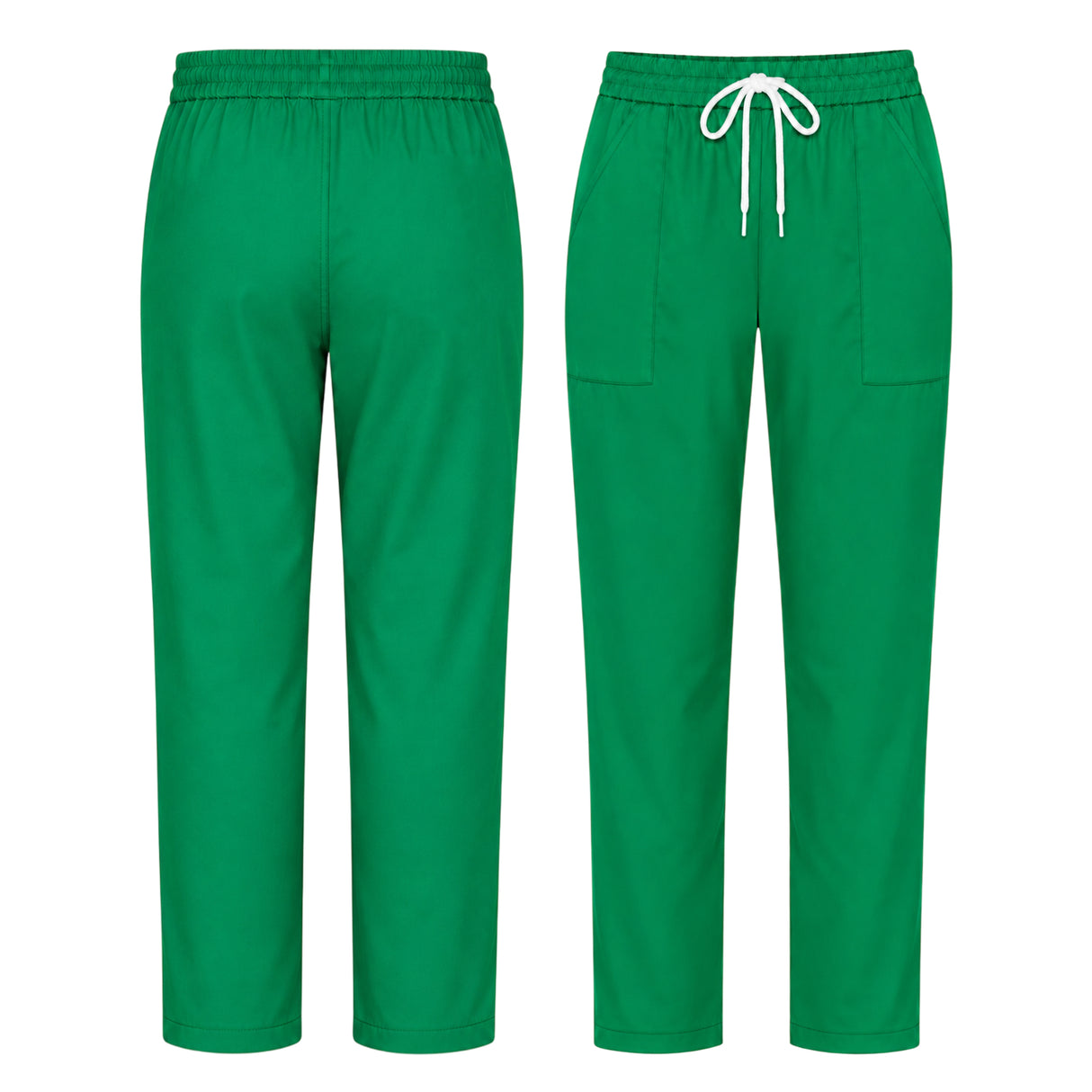 Uk Scrub Supply Green scrub pants shown from the front and back, featuring an elastic waistband, white drawstring, and side pockets on a plain white background.