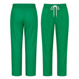 Uk Scrub Supply Green scrub pants shown from the front and back, featuring an elastic waistband, white drawstring, and side pockets on a plain white background.