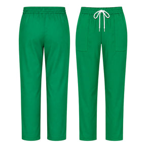 Uk Scrub Supply Green scrub pants shown from the front and back, featuring an elastic waistband, white drawstring, and side pockets on a plain white background.