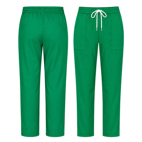 Uk Scrub Supply Green scrub pants shown from the front and back, featuring an elastic waistband, white drawstring, and side pockets on a plain white background.