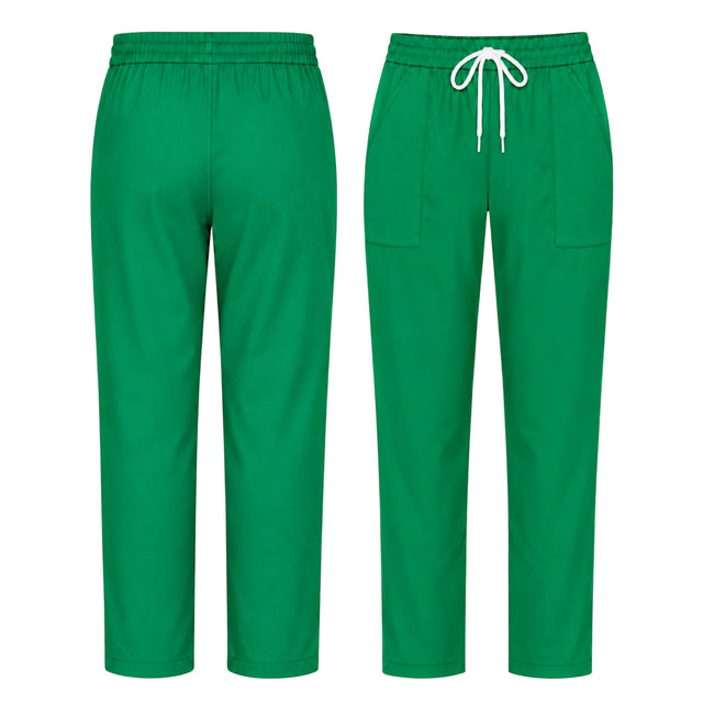 Uk Scrub Supply Green scrub pants shown from the front and back, featuring an elastic waistband, white drawstring, and side pockets on a plain white background.