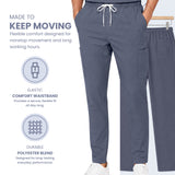 Uk_Scrub_Supply_Navy_Color_Scrub_Trouser A pair of dark slate blue scrub pants with a white drawstring and side pockets, shown on a model with promotional text and feature icons on a white background.