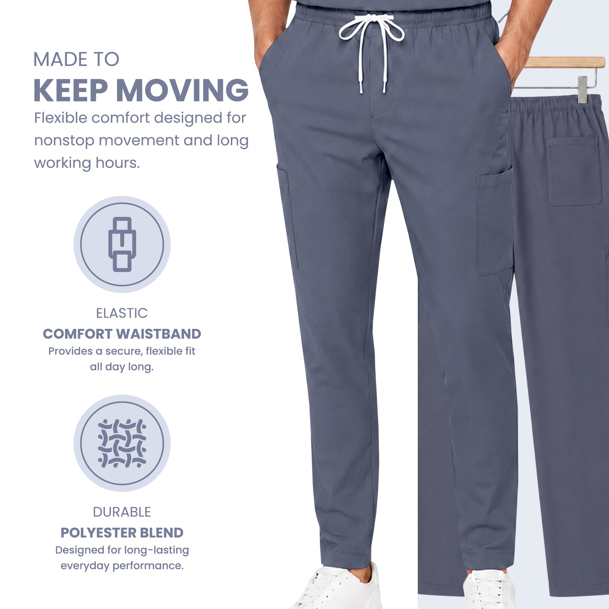 Uk_Scrub_Supply_Navy_Color_Scrub_Trouser A pair of dark slate blue scrub pants with a white drawstring and side pockets, shown on a model with promotional text and feature icons on a white background.