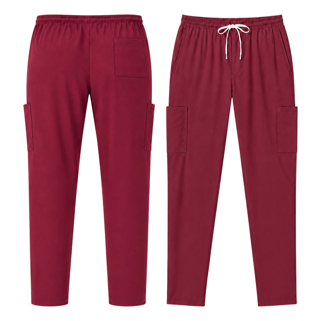 Uk Scrub Supply burgundy color scrub trousers Front and back views of burgundy scrub pants with cargo pockets and an elastic drawstring waist, shown on a plain white background.