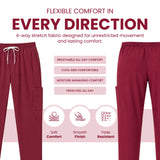 Uk_Scrub_Supply_Ruby_Color_Scrub_Trouser A promotional graphic for burgundy drawstring pants with text highlighting flexible comfort in every direction, listing features such as breathable all-day comfort, cool and comfortable, moisture managing comfort, and fresh feel all day. Three circular icons at the bottom indicate soft comfort, smooth finish, and fade resistant fabric.