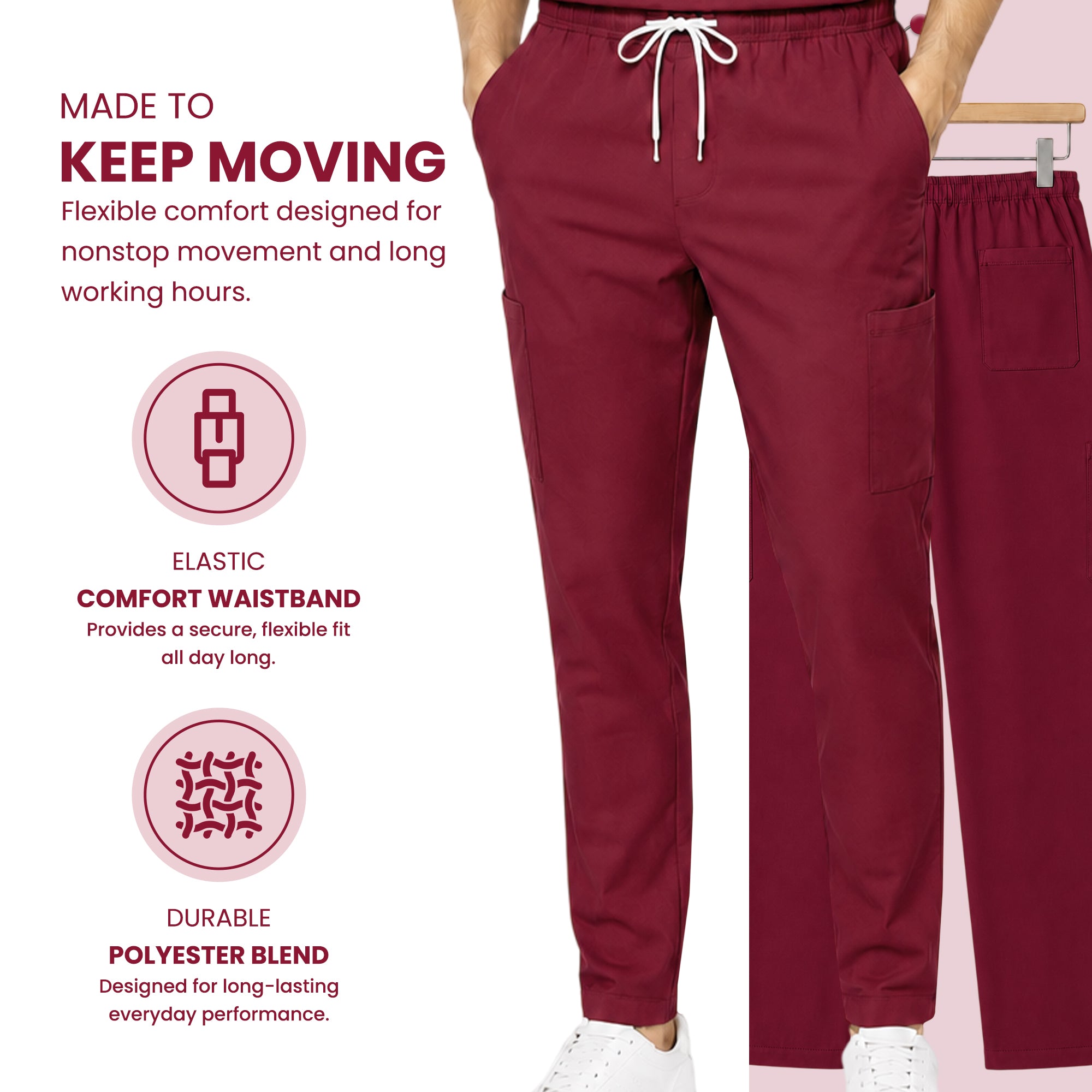Uk_Scrub_Supply_Ruby_Color_Scrub_TrouserA pair of burgundy scrub pants with a white drawstring, shown on a model from the waist down alongside a secondary product view and feature callouts about comfort, elasticity, and durability.