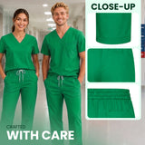 Uk Scrub Supply A man and a woman wearing matching bright green V-neck scrub tops and scrub pants in a hallway, with three close-up inset views on the right showing fabric details and the text 'CLOSE-UP' and 'CRAFTED WITH CARE'.