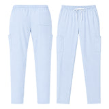 Uk_Scrub_Supply_light_blue_Color_Scrub_Trouser Light blue scrub pants shown from both the front and back views, featuring an elastic waistband with a white drawstring, side pockets, and cargo-style pockets on the legs.