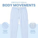 Uk_Scrub_Supply_light_blue_Color_Scrub_Trouser Light blue stretch-fit cargo pants with a white drawstring waist, shown on a white and light blue background with feature callouts for breathability and adjustable drawstring.