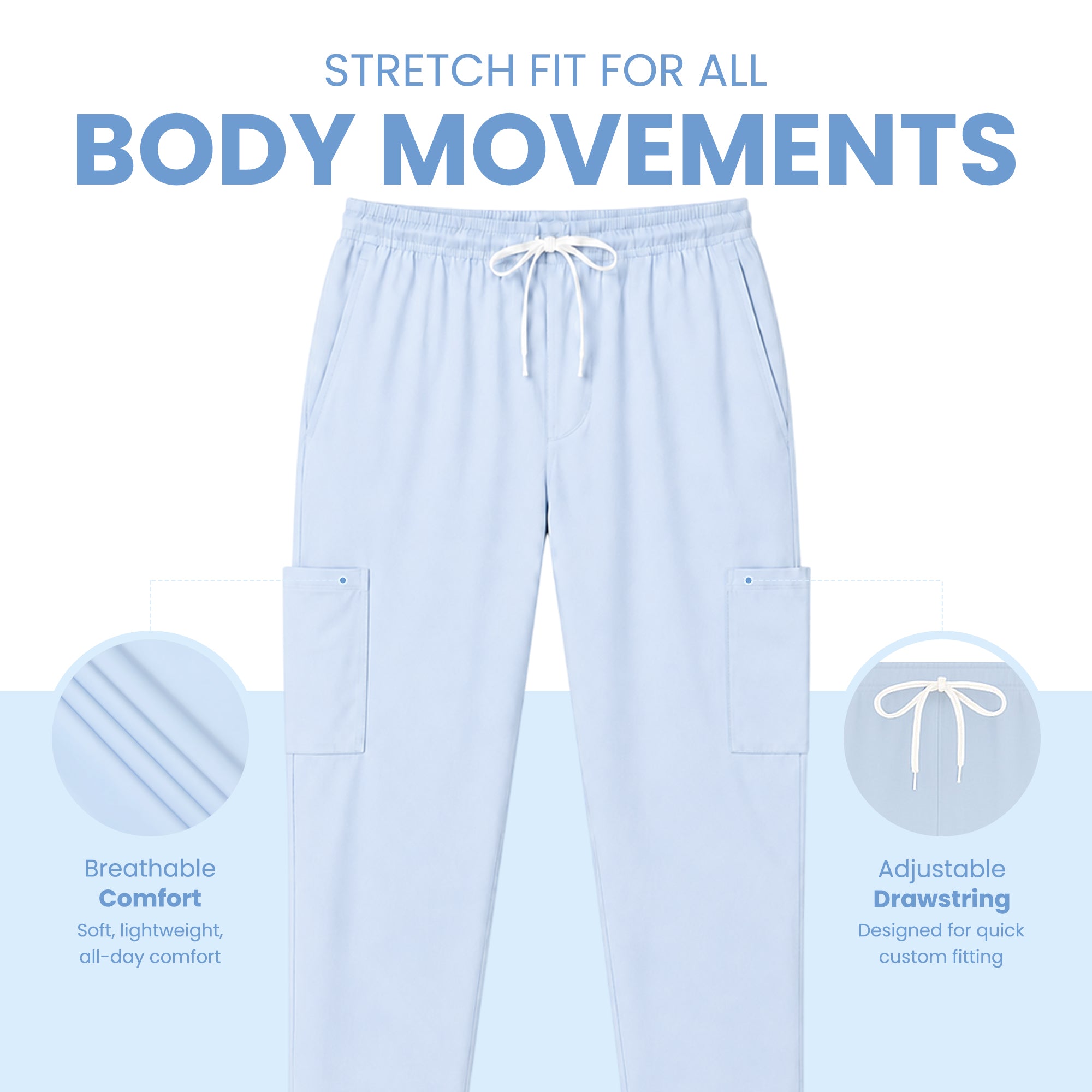 Uk_Scrub_Supply_light_blue_Color_Scrub_Trouser Light blue stretch-fit cargo pants with a white drawstring waist, shown on a white and light blue background with feature callouts for breathability and adjustable drawstring.