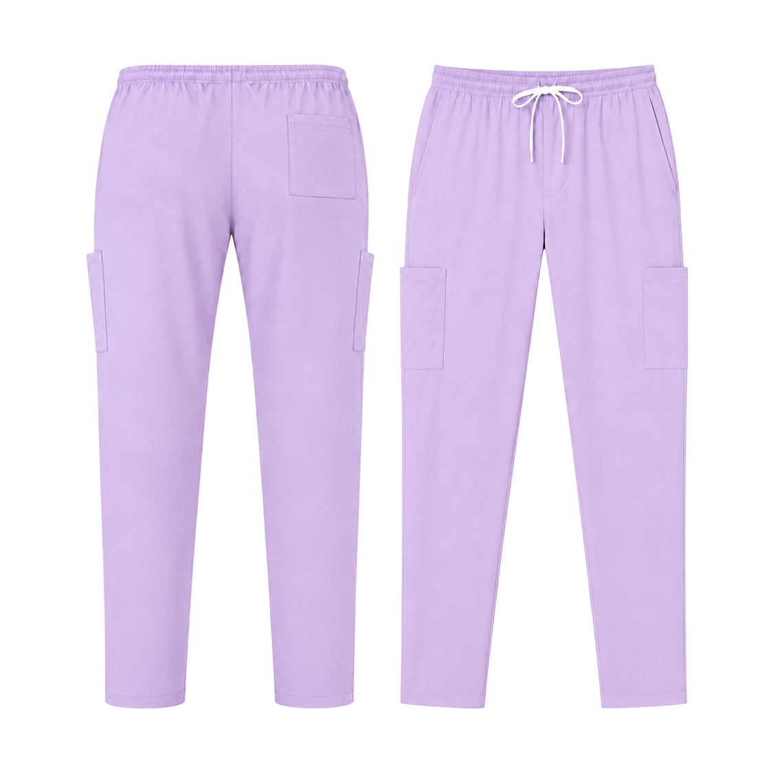 Uk_Scrub_Supply_lilac_Color_Scrub_Trouser Front and back views of light purple scrub pants with cargo pockets and an elastic drawstring waist, displayed on a solid white background.