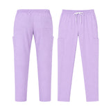 Uk_Scrub_Supply_lilac_Color_Scrub_Trouser Front and back views of light purple scrub pants with cargo pockets and an elastic drawstring waist, displayed on a solid white background.