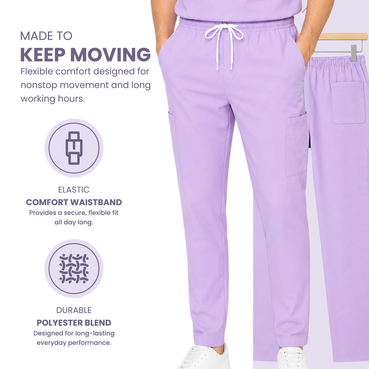 Uk_Scrub_Supply_lilac_Color_Scrub_Trouser Lilac purple scrub pants with a white drawstring waist and side cargo pockets, shown on a model with promotional text and feature icons on a white background.