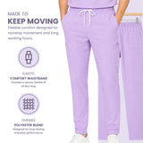Uk_Scrub_Supply_lilac_Color_Scrub_Trouser Lilac purple scrub pants with a white drawstring waist and side cargo pockets, shown on a model with promotional text and feature icons on a white background.