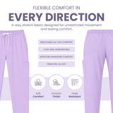 Uk_Scrub_Supply_lilac_Color_Scrub_Trouser Light purple lounge pants shown on a white background with marketing text and feature icons. The image includes a drawstring waistband, side pockets, and a cropped lower leg view to demonstrate stretch fabric.