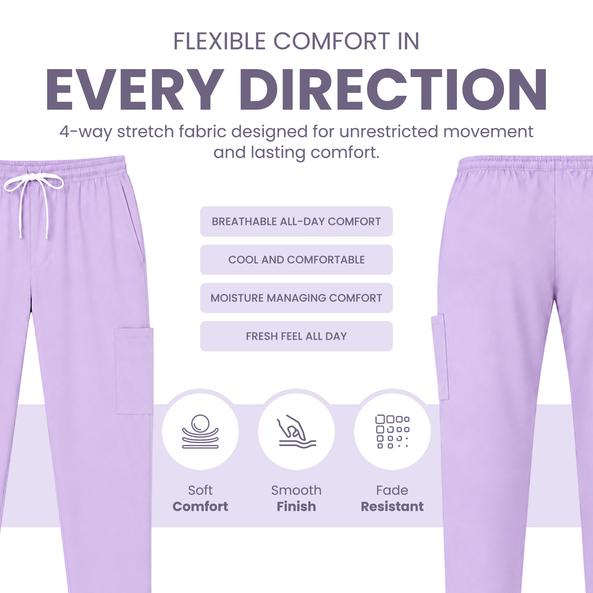 Uk_Scrub_Supply_lilac_Color_Scrub_Trouser Light purple lounge pants shown on a white background with marketing text and feature icons. The image includes a drawstring waistband, side pockets, and a cropped lower leg view to demonstrate stretch fabric.