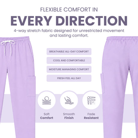 Uk_Scrub_Supply_lilac_Color_Scrub_Trouser Light purple lounge pants shown on a white background with marketing text and feature icons. The image includes a drawstring waistband, side pockets, and a cropped lower leg view to demonstrate stretch fabric.