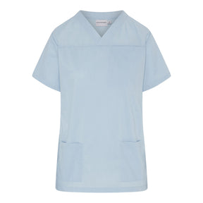A unisex scrub top in blue color with V-neck design, one chest pocket, and two lower front hip pockets.