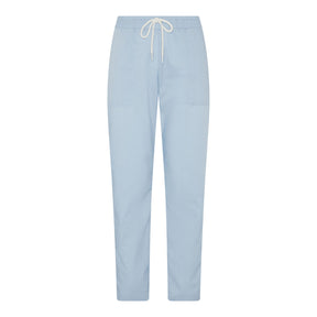 A pair of unisex light blue scrub trousers with an elasticated waistband and drawstring, featuring two hip pockets.