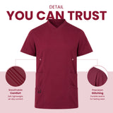 A burgundy V-neck scrub top shown on a white and pale pink graphic background with marketing text reading 'DETAIL YOU CAN TRUST' and two circular detail callouts highlighting breathable comfort and precision stitching.