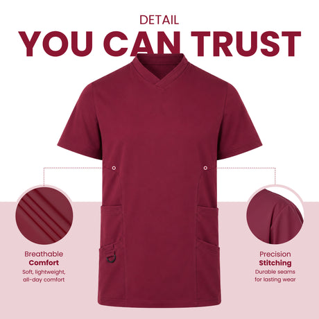 A burgundy V-neck scrub top shown on a white and pale pink graphic background with marketing text reading 'DETAIL YOU CAN TRUST' and two circular detail callouts highlighting breathable comfort and precision stitching.
