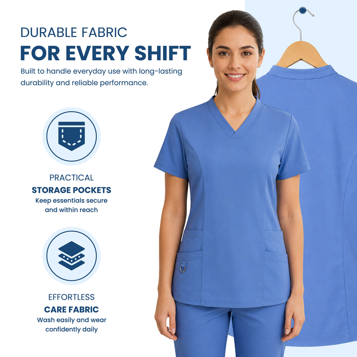 A woman wearing a light blue V-neck scrub top and matching scrub pants stands against a light blue background, with a larger back view of the scrub top shown on a hanger behind her. Text highlights fabric durability, practical storage pockets, and easy care fabric.