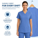 A woman wearing a light blue V-neck scrub top and matching scrub pants stands against a light blue background, with a larger back view of the scrub top shown on a hanger behind her. Text highlights fabric durability, practical storage pockets, and easy care fabric.