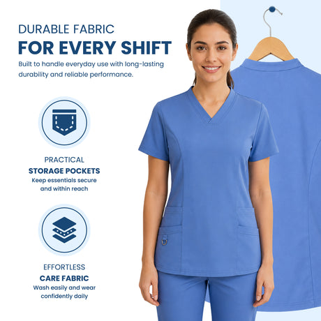 A woman wearing a light blue V-neck scrub top and matching scrub pants stands against a light blue background, with a larger back view of the scrub top shown on a hanger behind her. Text highlights fabric durability, practical storage pockets, and easy care fabric.