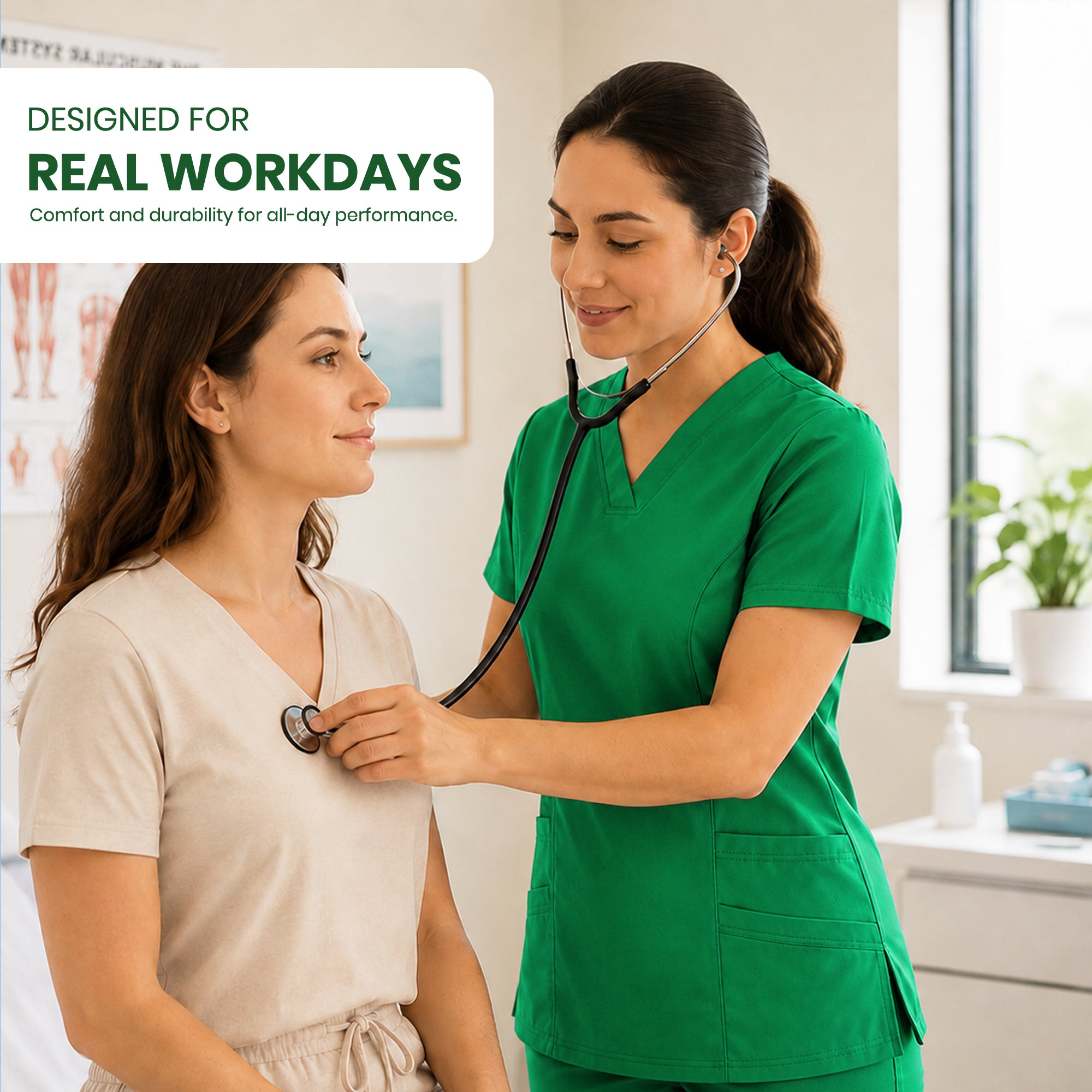 uk scrub supply a healthcare worker in bright green scrubs listens to a patient's chest with a stethoscope in a bright clinic. A text overlay in the top left reads 'DESIGNED FOR REAL WORKDAYS Comfort and durability for all-day performance.