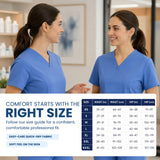 Two women in blue V-neck scrub tops stand in a bright medical office setting, with a size chart and text about fit on the lower left. The image promotes sizing information for the scrub top rather than showing a single isolated product in a standard catalog way, so the best subject_type is Measurement Chart.