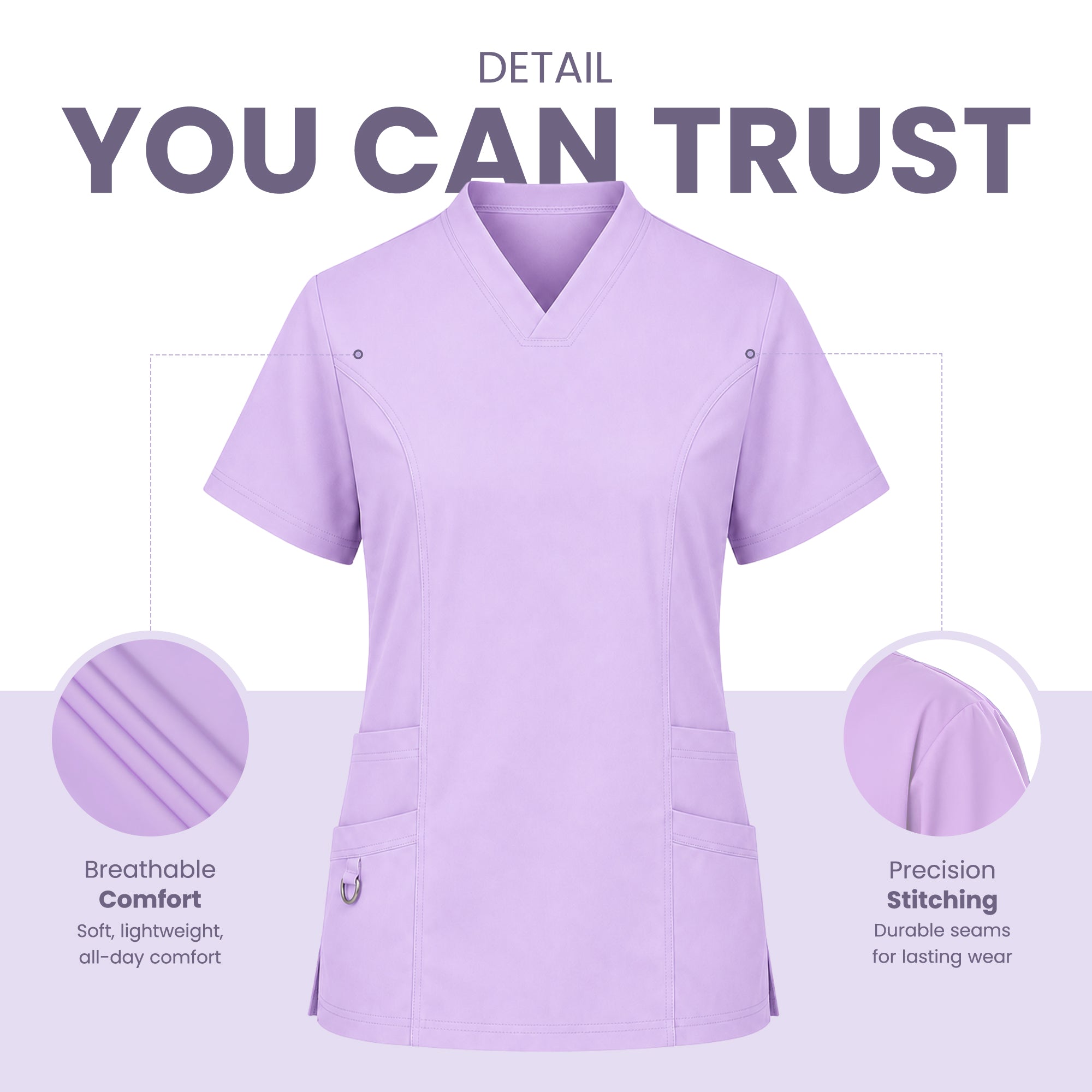 A lavender purple V-neck scrub top shown on a light background with marketing text reading 'DETAIL YOU CAN TRUST' and two circular inset detail callouts highlighting breathable comfort and precision stitching.