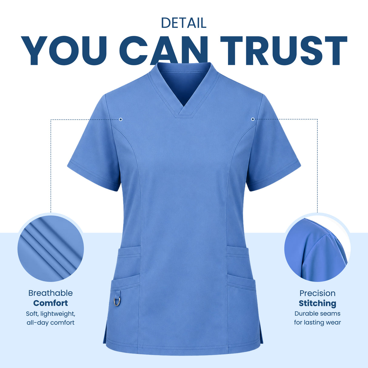 A light blue V-neck scrub top shown on a white and pale blue graphic background with marketing text reading 'DETAIL YOU CAN TRUST' and callout circles highlighting breathable comfort and precision stitching.