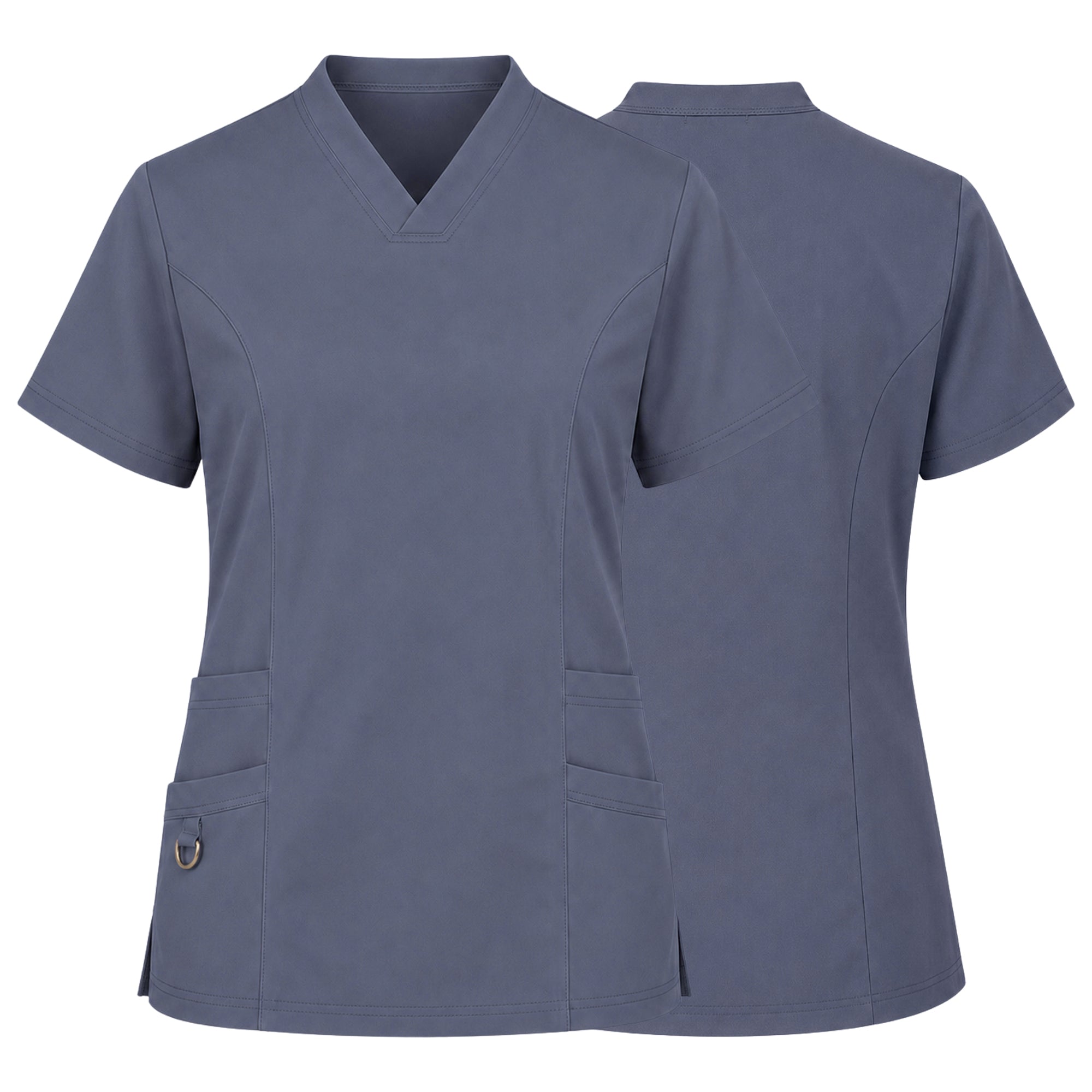 A women's short-sleeve V-neck scrub top shown from both the front and back views. The scrub top is a solid slate blue color with two front patch pockets, one of which has a metal snap button closure.