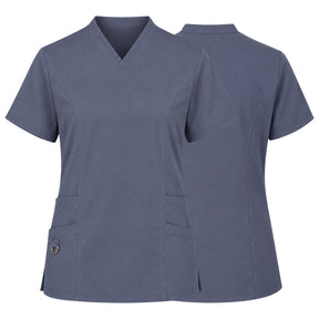 A women's short-sleeve V-neck scrub top shown from both the front and back views. The scrub top is a solid slate blue color with two front patch pockets, one of which has a metal snap button closure.