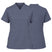 A women's short-sleeve V-neck scrub top shown from both the front and back views. The scrub top is a solid slate blue color with two front patch pockets, one of which has a metal snap button closure.