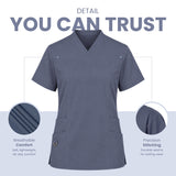 A slate blue-gray V-neck scrub top shown on a light background with marketing text and two circular detail callouts highlighting comfort fabric and stitching quality.