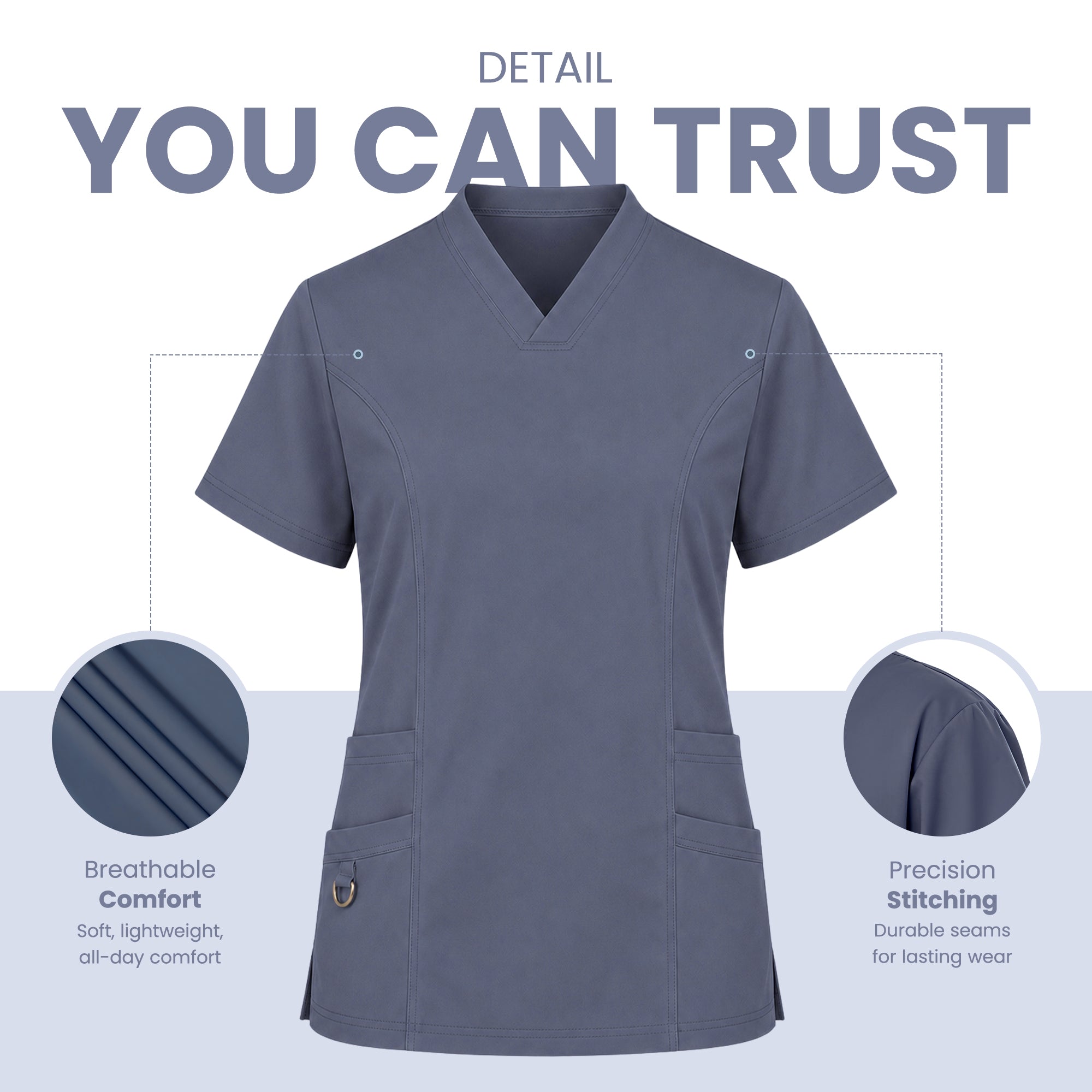 A slate blue-gray V-neck scrub top shown on a light background with marketing text and two circular detail callouts highlighting comfort fabric and stitching quality.