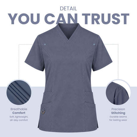 A slate blue-gray V-neck scrub top shown on a light background with marketing text and two circular detail callouts highlighting comfort fabric and stitching quality.
