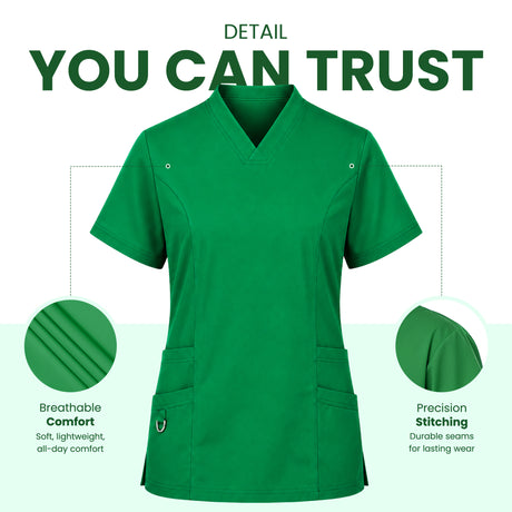 Uk Scrub Supply Green V-neck scrub top shown on a white background with marketing text reading 'DETAIL YOU CAN TRUST' and feature callouts for breathable comfort and precision stitching.