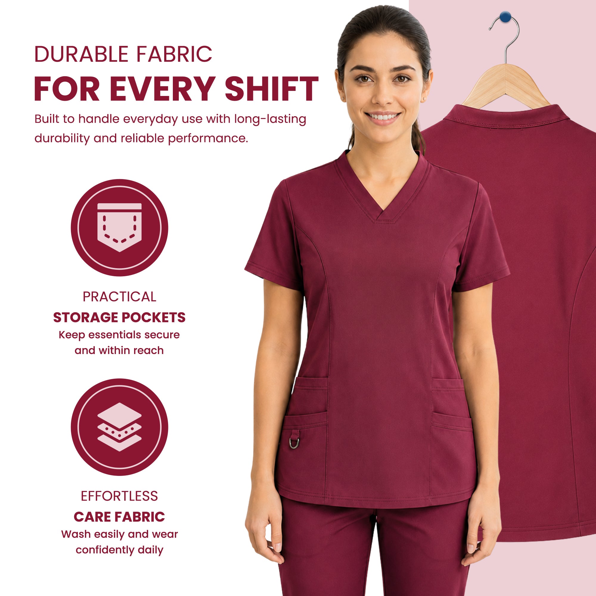 a woman wearing burgundy V-neck scrub tops and matching scrub pants stands against a pale pink background, with a second view of the scrub top on a hanger behind her. Text highlights fabric durability, practical storage pockets, and effortless care fabric.