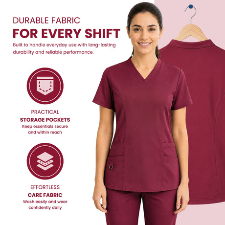 a woman wearing burgundy V-neck scrub tops and matching scrub pants stands against a pale pink background, with a second view of the scrub top on a hanger behind her. Text highlights fabric durability, practical storage pockets, and effortless care fabric.