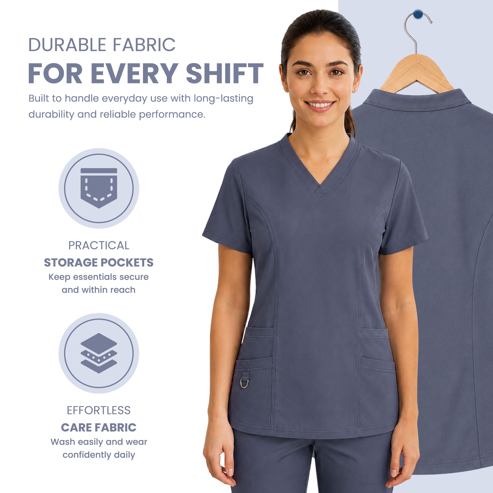 Uk Scrub Supply A woman wearing slate blue V-neck scrub tops and matching pants stands against a light gray background, with a larger back view of the scrub top on a hanger beside her. Text highlights durable fabric, storage pockets, and care fabric.