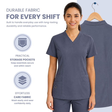 Uk Scrub Supply A woman wearing slate blue V-neck scrub tops and matching pants stands against a light gray background, with a larger back view of the scrub top on a hanger beside her. Text highlights durable fabric, storage pockets, and care fabric.