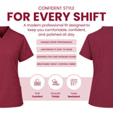 A promotional graphic for burgundy V-neck scrub tops showing front and back views, with marketing text and feature icons on a white background.