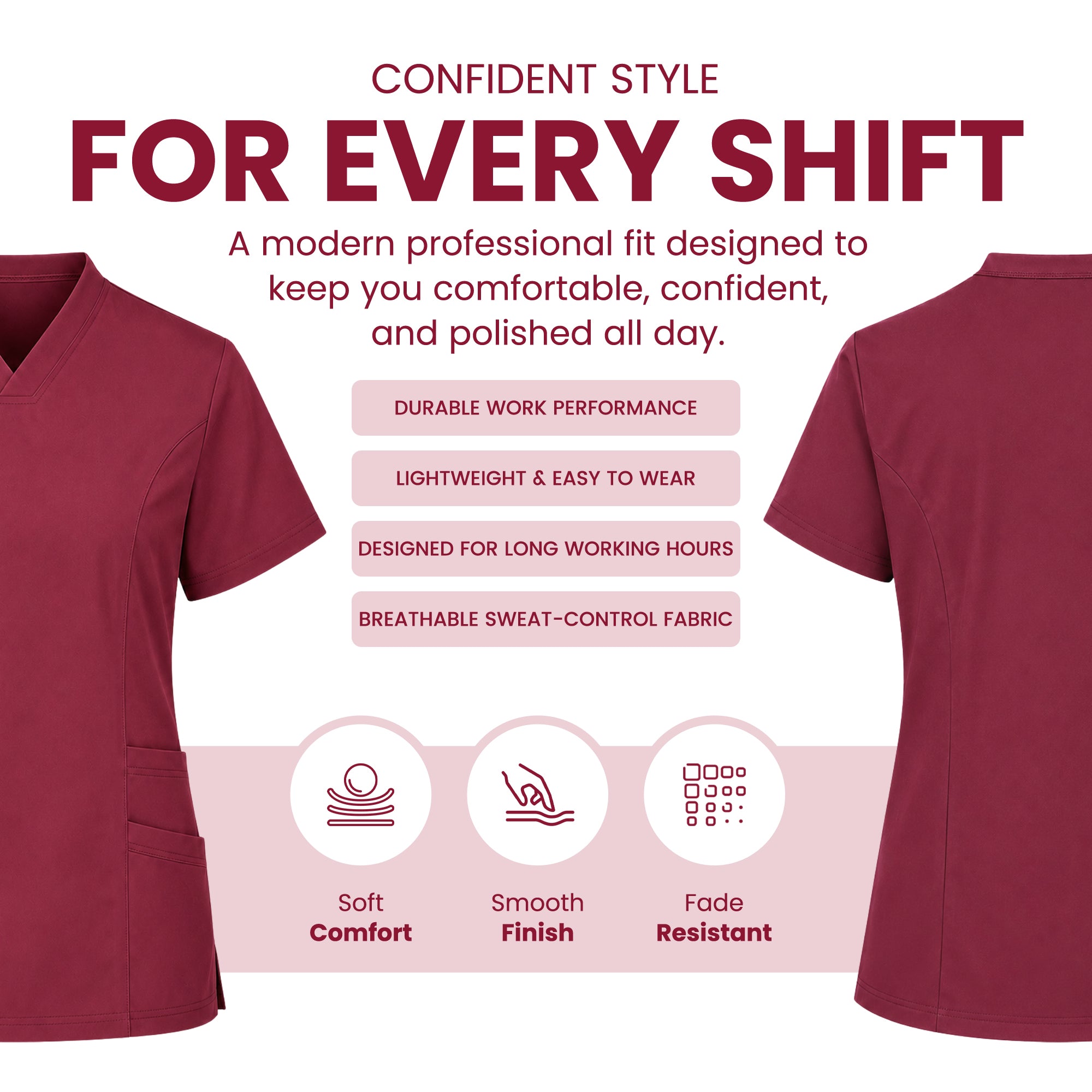 A promotional graphic for burgundy V-neck scrub tops showing front and back views, with marketing text and feature icons on a white background.