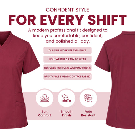 A promotional graphic for burgundy V-neck scrub tops showing front and back views, with marketing text and feature icons on a white background.