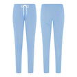 Uk Scrub Supply women's light blue scrub pants shown from the front and back, featuring an elastic waistband with a white drawstring on the front view.