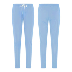 Uk Scrub Supply women's light blue scrub pants shown from the front and back, featuring an elastic waistband with a white drawstring on the front view.