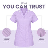 A light purple short-sleeve medical scrub top shown on a white background with marketing text reading 'DETAIL YOU CAN TRUST' and two circular inset detail callouts highlighting breathability and stitching.Women’s Medical Tunic Nursing & Healthcare Uniform UK scrub tops
scrubs clothing
nursing scrubs
medical uniforms
scrubs for sale
work scrubs
buy medical uniforms
female scrub tops
order scrubs
scrubs to purchase
cheap scrub tops
cotton scrubs uk
scrubs top
clothing scrubs
dental workwear
for sale scrubs
